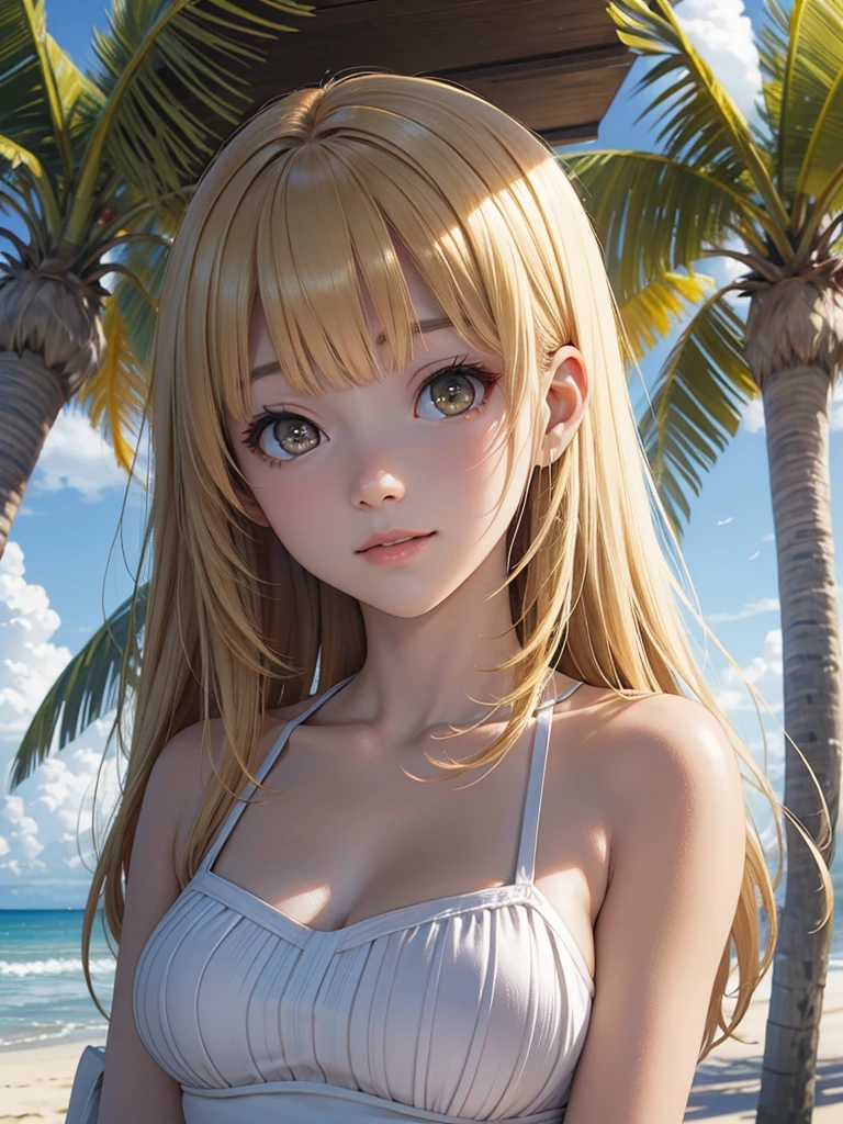 girl in summer clothes, top shot,((selfie)), brown eyes, blonde hair, random background, kiss, beautiful, medium breasts, flirtatious look, ((very detailed)), (perfectly detailed face), (well detailed hand), photorealistic image.