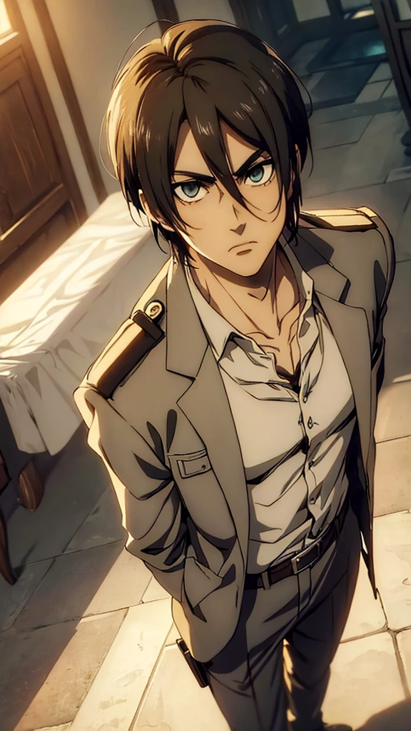 Top Half body, (masterpiece, best quality:1.2), solo, 1boy, Eren Yeager, Attack on Titan, looking at viewer, official art, extremely detailed CG unity 8k wallpaper, perfect lighting, (masterpiece:1.0),(best_quality:1.0), ultra high res,4K,ultra-detailed, photography, 8K, HDR, highres, absurdres:1.2, bokeh:1.2, lens flare, (vibrant_color:1.2), Tuxedo suit, Groom suit, full body, Gala dinner, hand in pocket, Mikasa Ackerman, Mikasastanding aside