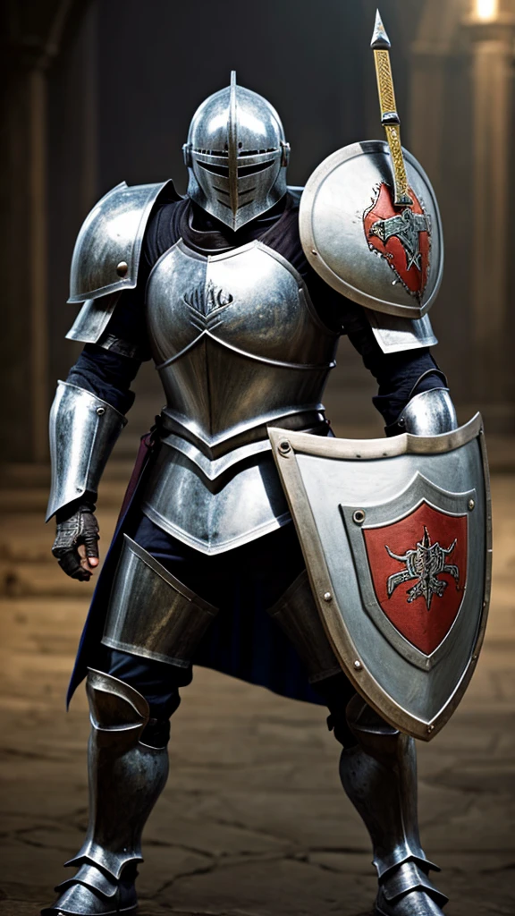 Heavily armored knight with shield and sword shouting a warning