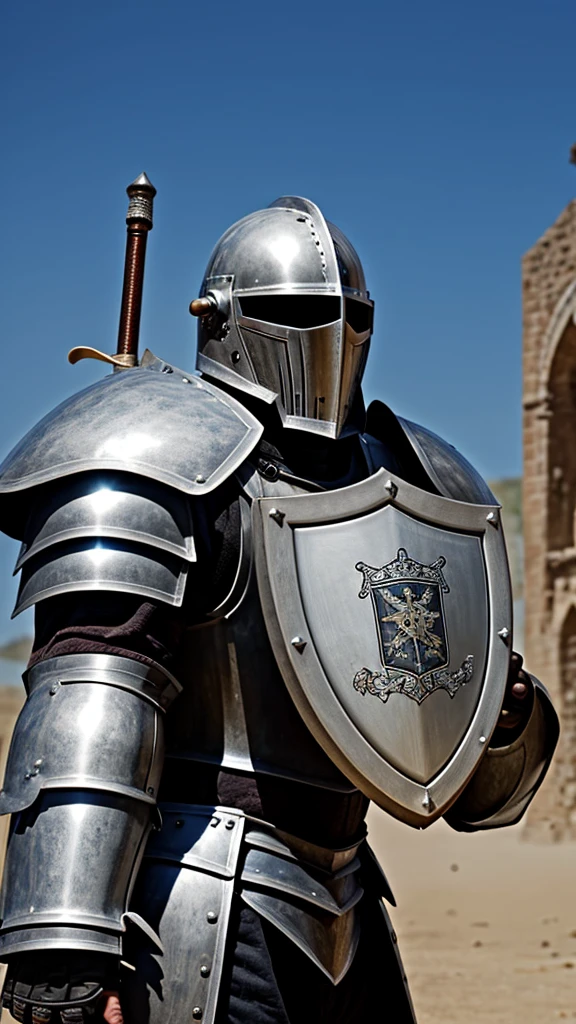 Heavily armored knight with shield and sword shouting a warning