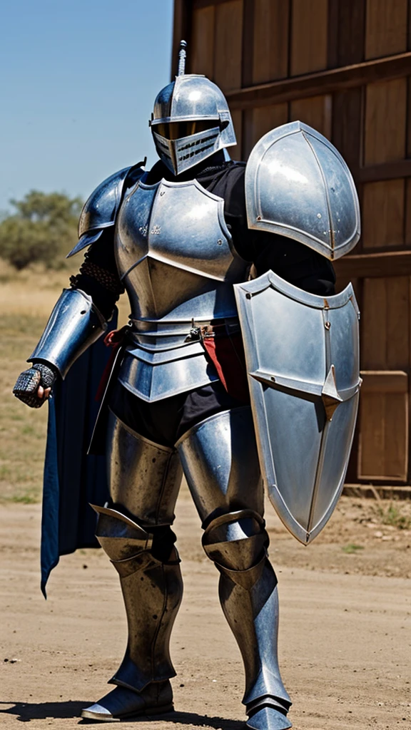 Heavily armored knight with shield and sword shouting a warning