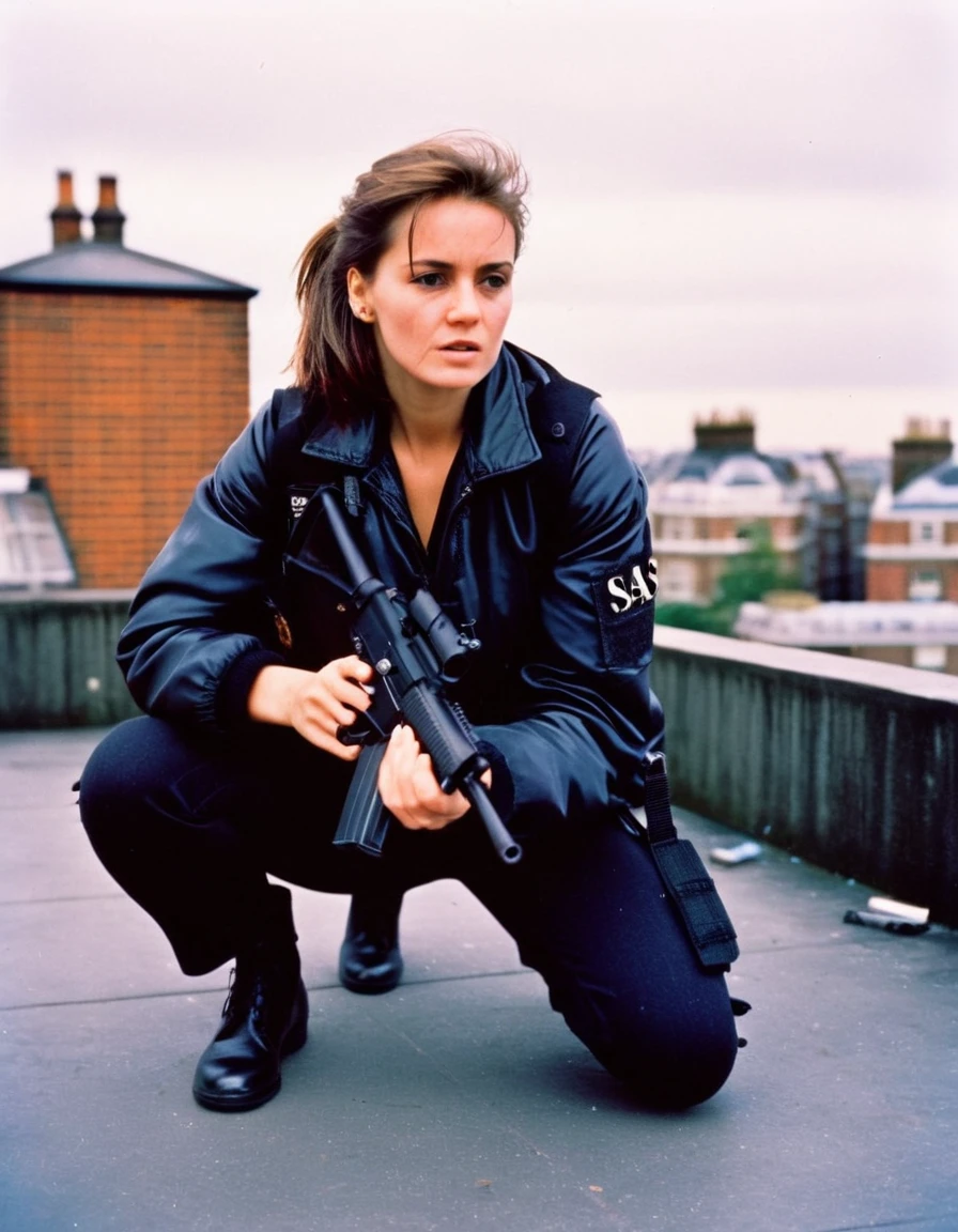 macro, detailed, realism, style, photograph ,  detailed style 
1980's style, cinematic, film grain, analog, film photo, expired film
 female British sas soldier in black satin jacket , on the roof the embassy, action pose, crouched, shooting stance, in south kensington in london, holding an mp5 Heckler & Koch MP5 style,