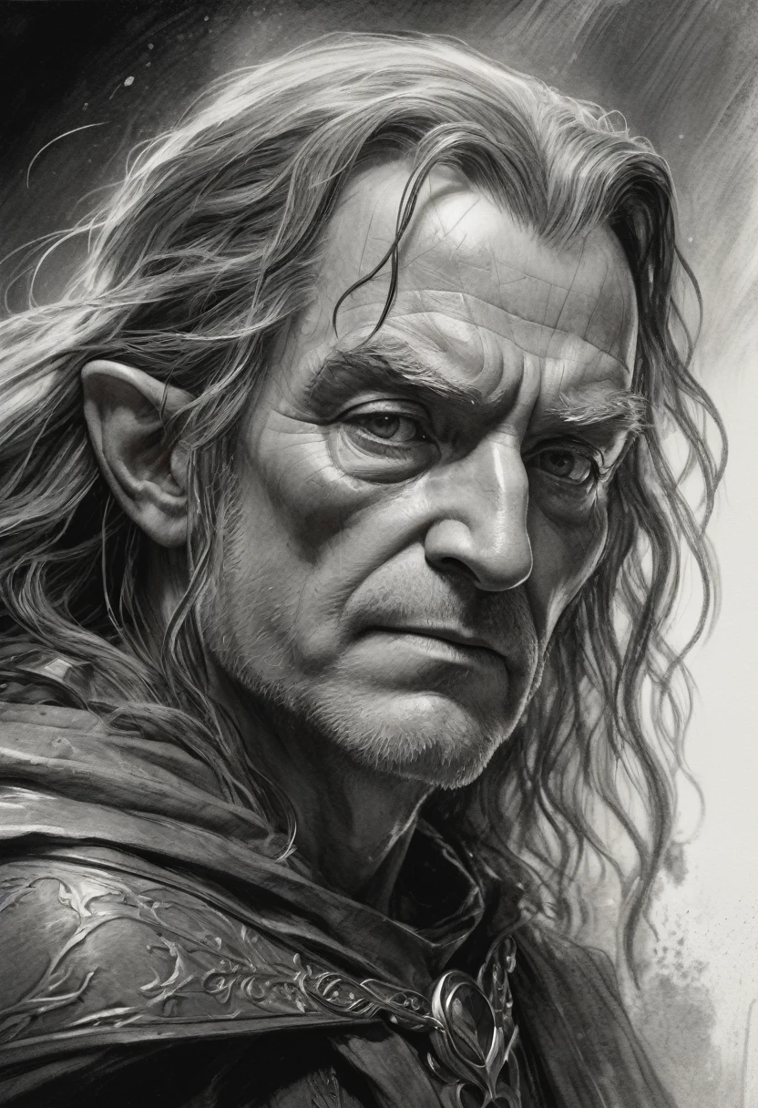 stunning black and white graphite sketch of Denethor II, up close shot, from The Lord Of The Rings trilogy, in dynamic pose, by Anna Razumovskay, (by Alyssa Monks:1.1), by Joseph Lorusso, by Lilia Alvarado, beautiful lighting, sharp focus, 8k, high res, (pores:0.1), (sweaty:0.8), Masterpiece, Nikon Z9, Award - winning photograph, --ar 16:9 --style raw --stylize 750 --niji 6, perfect composition, beautiful detailed intricate insanely detailed octane render trending on artstation, 8 k artistic photography, photorealistic concept art, soft natural volumetric cinematic perfect, wide angle view