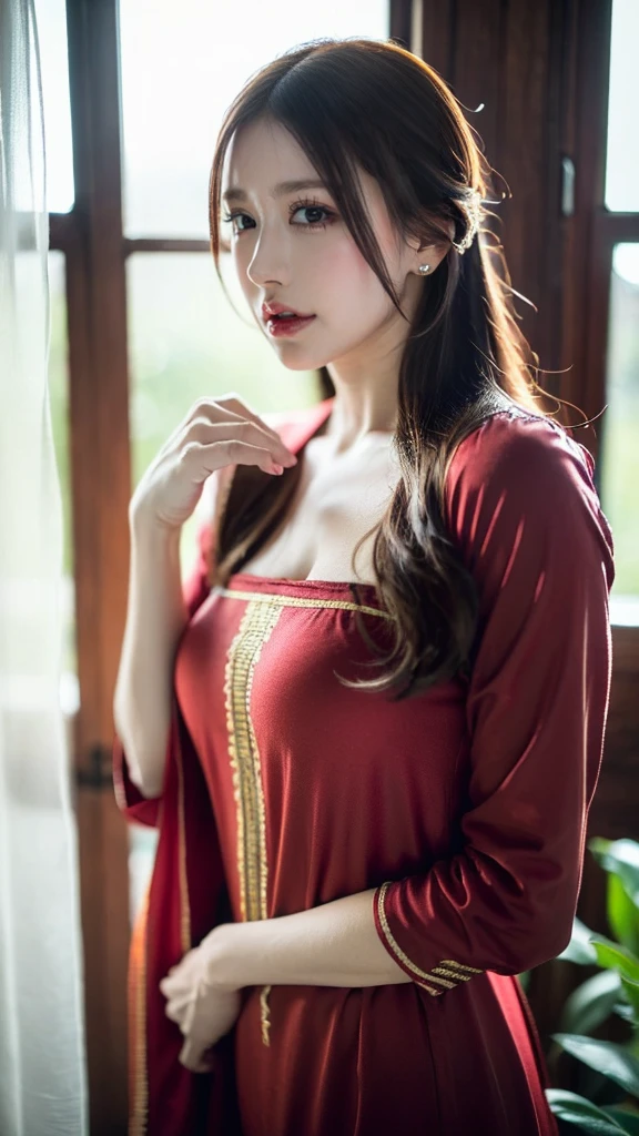 (((HD photo))), ultra high res.photorealistic:. 1.4, UHD (best quality,4k,8k,highres,masterpiece:1.3),ultra-detailed,(realistic,photorealistic,photo-realistic:1.37),1 girl,beautiful detailed eyes,beautiful detailed lips,extremely detailed face,long eyelashes,medium:oil painting,soft lighting,impressionistic style,red colors,beautifully shalwar kameez dressed,wistful expression,standing with one hand on the window frame,gentle breeze blowing her hair,warm sunlight streaming through the window,green plants visible outside the window,soft curtains framing the girl,peaceful atmosphere,serene and tranquil ambiance