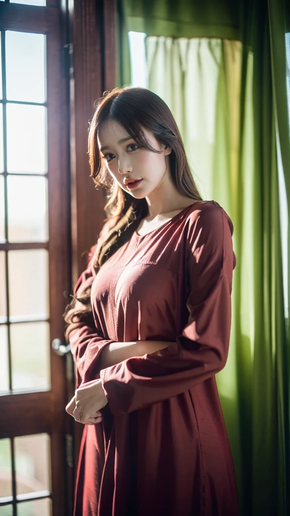(((HD photo))), ultra high res.photorealistic:. 1.4, UHD (best quality,4k,8k,highres,masterpiece:1.3),ultra-detailed,(realistic,photorealistic,photo-realistic:1.37),1 girl,beautiful detailed eyes,beautiful detailed lips,extremely detailed face,long eyelashes,medium:oil painting,soft lighting,impressionistic style,red colors,beautifully shalwar kameez dressed,wistful expression,standing with one hand on the window frame,gentle breeze blowing her hair,warm sunlight streaming through the window,green plants visible outside the window,soft curtains framing the girl,peaceful atmosphere,serene and tranquil ambiance