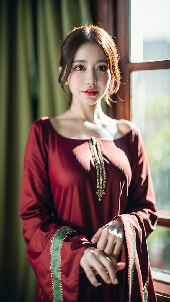 (((HD photo))), ultra high res.photorealistic:. 1.4, UHD (best quality,4k,8k,highres,masterpiece:1.3),ultra-detailed,(realistic,photorealistic,photo-realistic:1.37),1 girl,beautiful detailed eyes,beautiful detailed lips,extremely detailed face,long eyelashes,medium:oil painting,soft lighting,impressionistic style,red colors,beautifully shalwar kameez dressed,wistful expression,standing with one hand on the window frame,gentle breeze blowing her hair,warm sunlight streaming through the window,green plants visible outside the window,soft curtains framing the girl,peaceful atmosphere,serene and tranquil ambiance