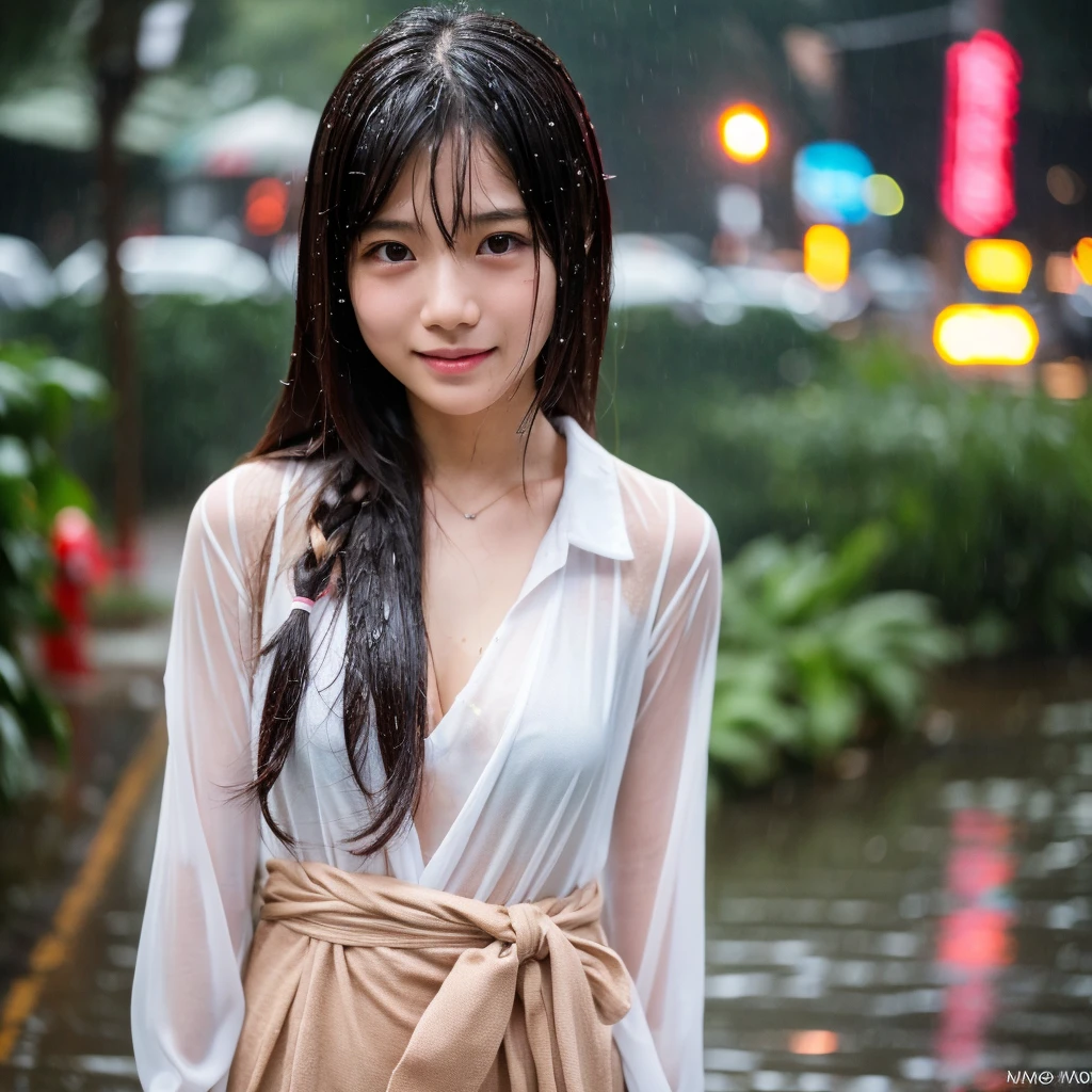 songkran,Wet roads , soaked through,drenched, Dripping, Wet Face,Wet clothes, Wet Skin, Wet Hair,A young woman with a cute face like an idol,chest,chest元が見えるデザインのメイド服,cling,RAW Photos,Genuine,Genuine,High resolution,RAW Photos,masterpiece, Genuineistic, beautiful