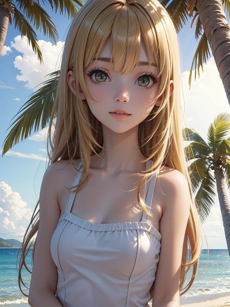 masterpiece, rich colors, Best quality, detailed, high resolution, Hyper quality, high detail, , high quality, detailing, skinny sexy girl on the beach , bright lighting , Brown eyes, Anime, palm trees, bright lighting, blonde,