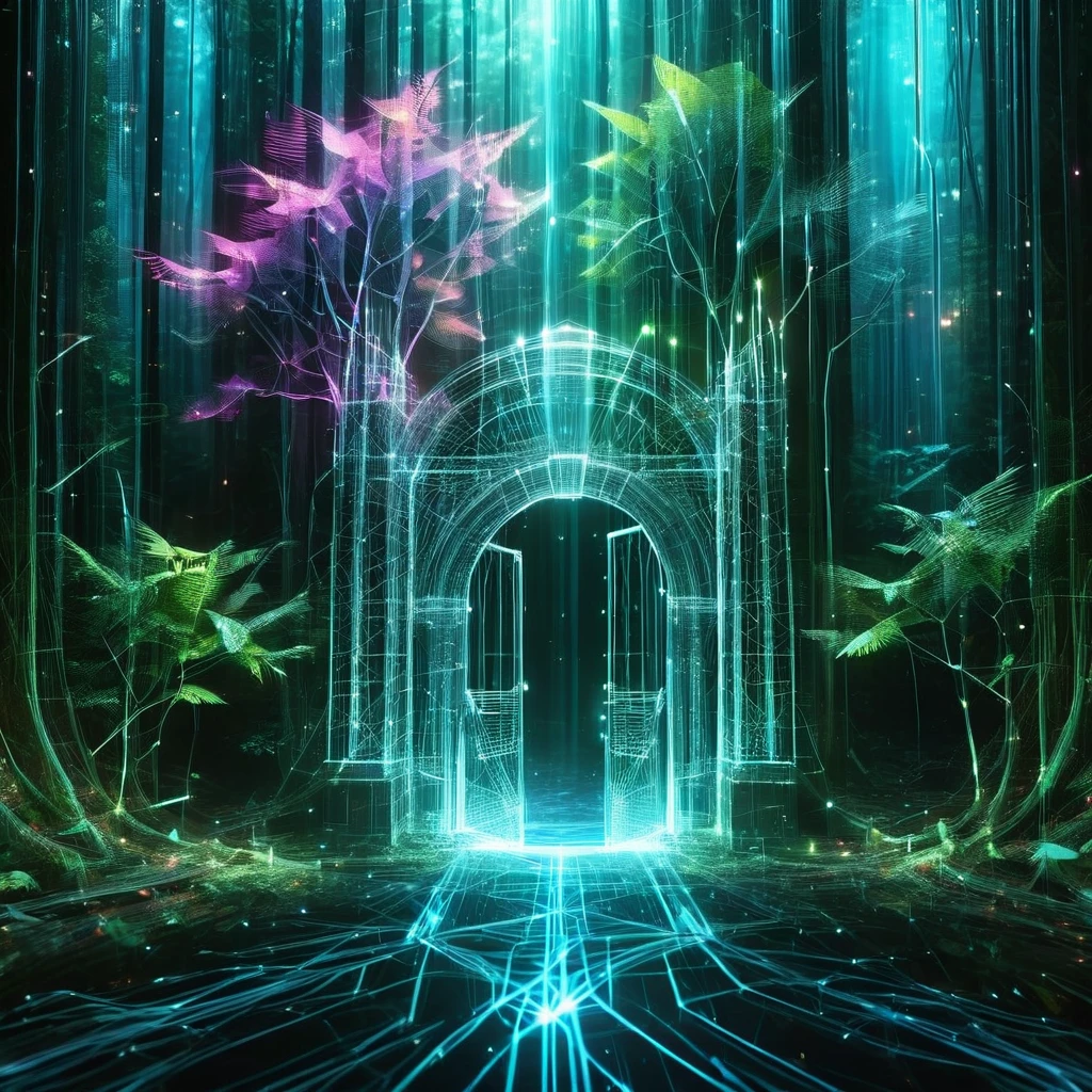 Night - wfhlgr, (Digital Art:1.3) of (Sketched:1.1) octane render of a mysterious dense forest with a large (魔法of:1.2) Gate (Portal:1.3) 永遠of王国へ, Blade Runner, complicated (ぶどうof木:1.2), 液体金属of巨大な木, リアルなデジタル絵画of肖像画, Filmed in 8K resolution, Gasoline liquid, pastel colour, Splash Art, 青と紫of魔法of宇宙,