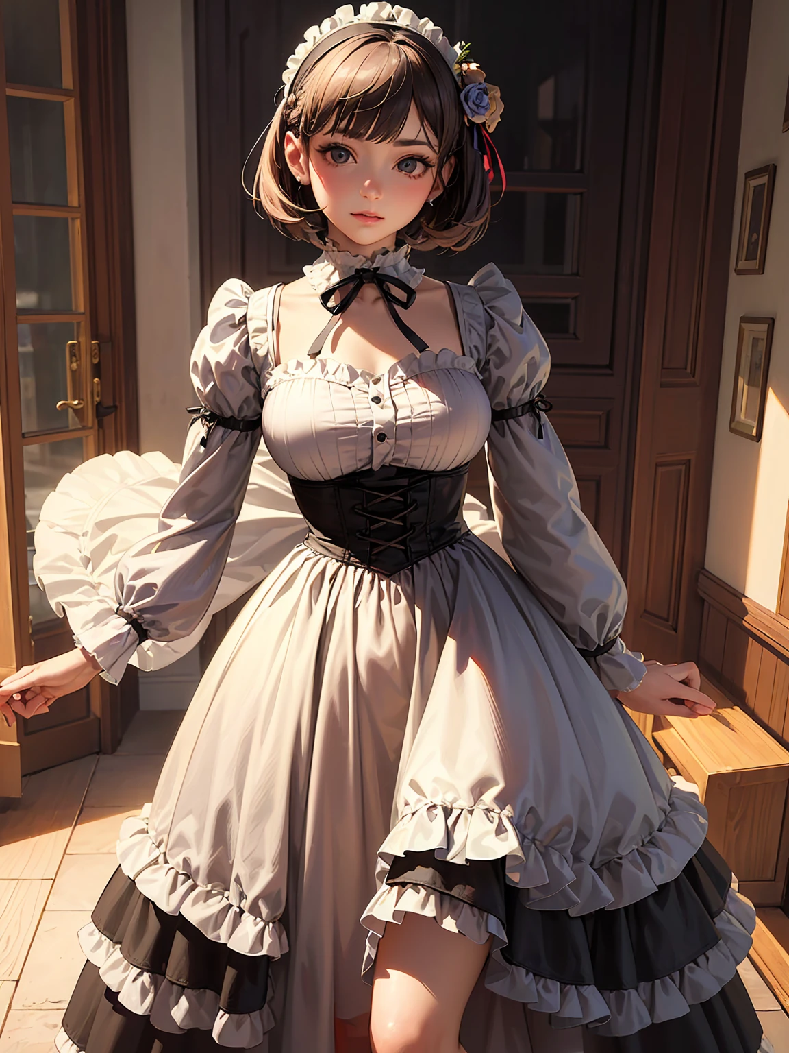 (Highest quality、16K、masterpiece、Ultra-high resolution、Victorian era、Photorealistic:1.2)、Cowboy Shot、One-length bob cut braided hair clip with front drop、Big ribbon、Stylish dresses from the brand、Dressy styles that are glamorous and pretty, with an emphasis on cuteness, bright shades and pop designs、cute、clear、 Tsundere、Heroine's Attributes、Artistic shading、Perfect Face、Detailed portrait、