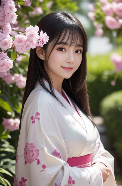 masterpiece, Highest quality, Very detailed, figure, Beautiful attention to detail, close, 1 Girl, Pink Hair, White Dress, Entrance of the villa, Standing position, Downward(kimono)、(Highest quality,masterpiece:1.3,Ultra-high resolution,),(Ultra-detailed,Caustics),(Photorealistic:1.4,RAW shooting,)Ultra-Realistic Capture,Very detailed,High resolution 16K human skin closeup。 The skin texture is natural、,Pores、It must be detailed enough to be easily identifiable.。 Skin should look healthy and have an even tone。 Use natural light and color,1 girl,Japanese,Age 25,cute,Black-haired,Mid-length hair,,smile,,(Depth of written boundary、chromatic aberration、、Wide range of lighting、Natural Shading、)、