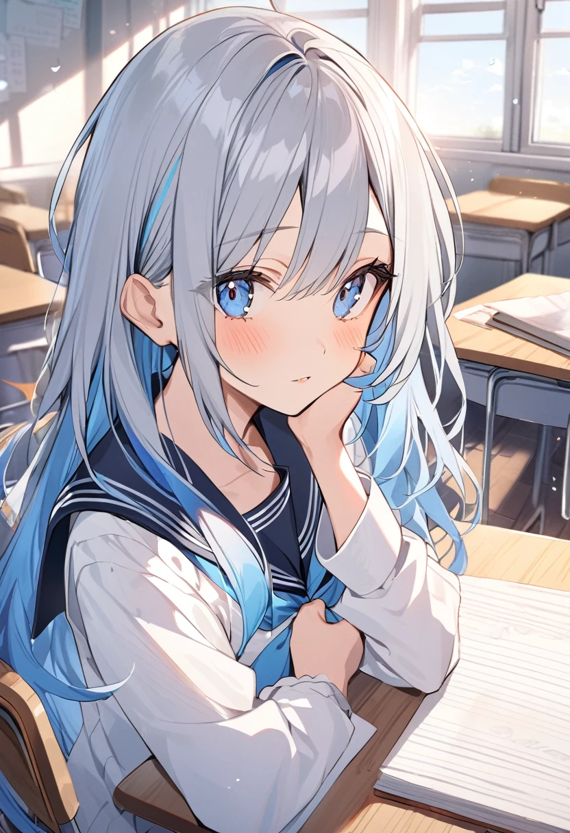 1girl 15 years old,(blue hair)|(gray hair)0.5,long hair,blue eyes,serafuku,classroom