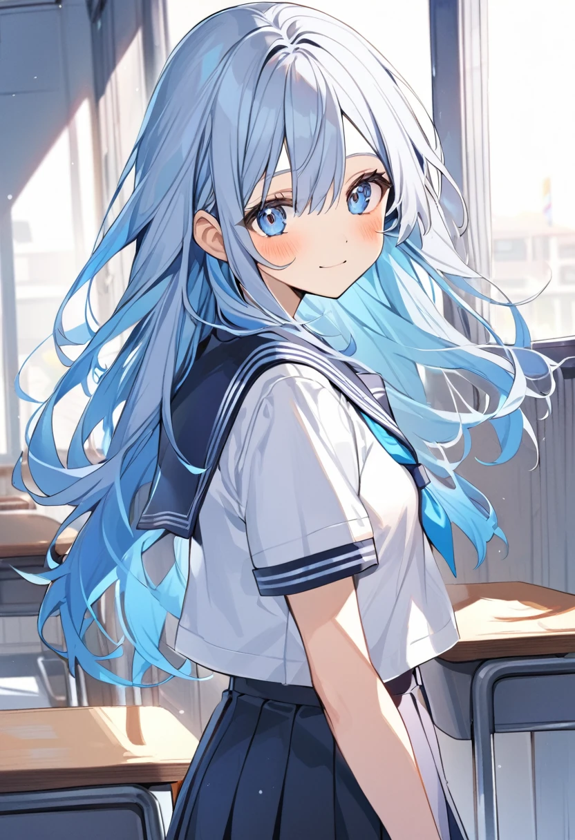 1girl ,(blue hair)|(gray hair)0.5,long hair,blue eyes,serafuku,classroom
