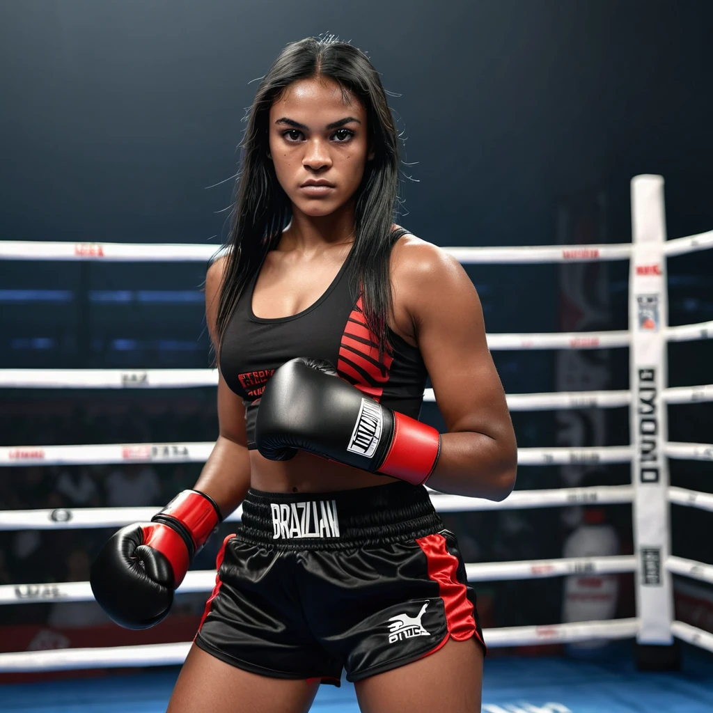 Create the image of a Brazilian boxer, very beautiful, aged 25 years old, dark skin, greenish eyes, long straight black hair, she is wearing black boxing gloves, a red top and black shorts, ultra realistic , 8k