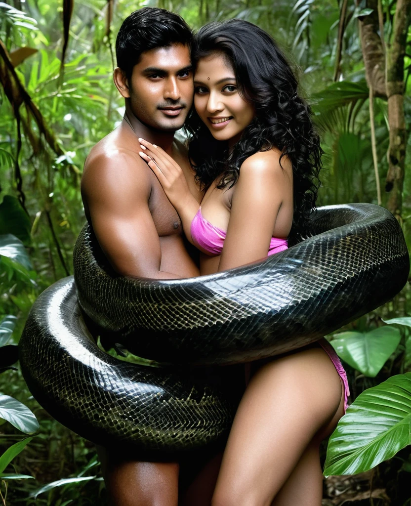 Topless  pink thong wearing aroused horny beautiful happy young Indian teen girl vs  Giant colossal black anaconda monster wrapped around her body squeezing her in coiled embrace cuddling and kissing  sexual erotic bestiality  sex  realistic in the rainforest full body, best quality wet top quality perfect body 