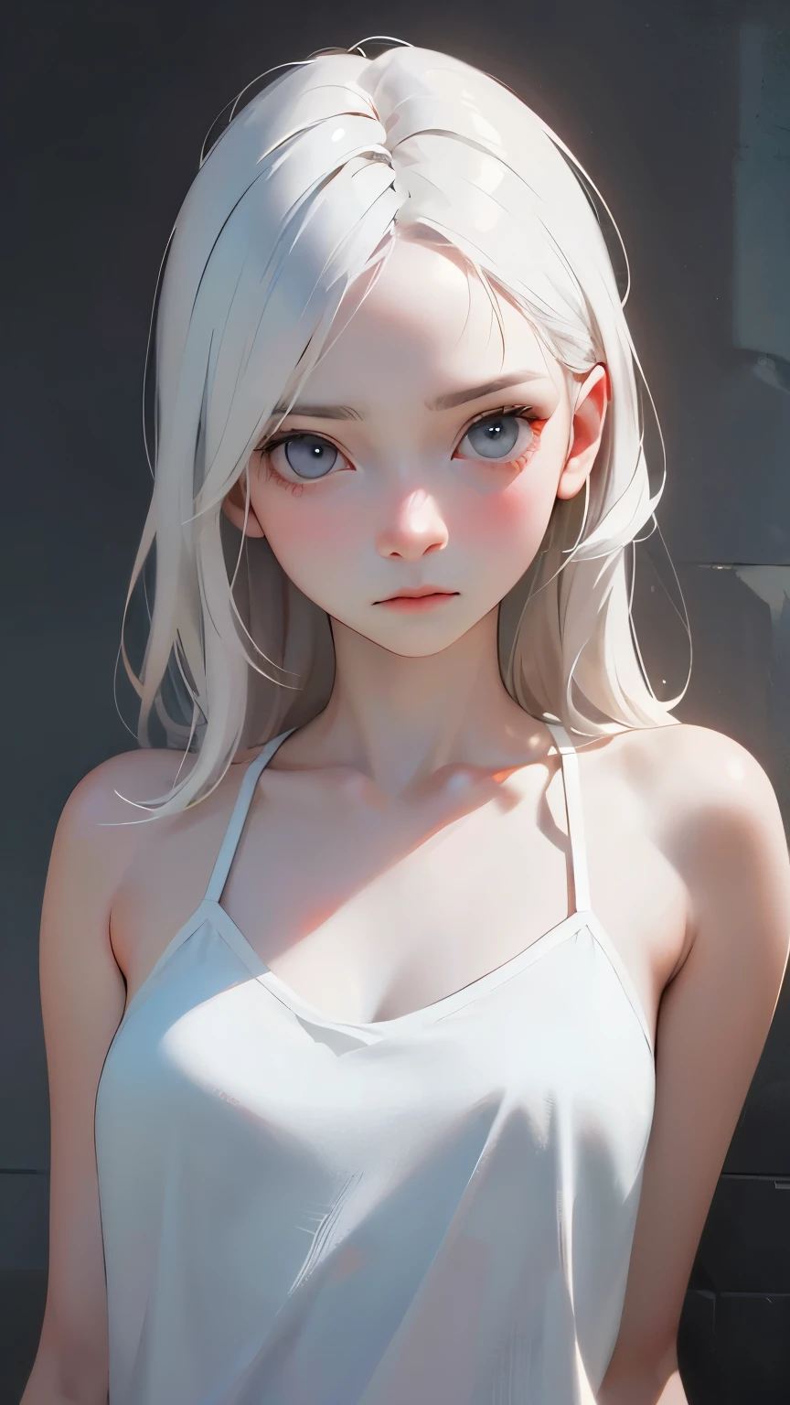 Low Leg、Low rise、Fearful expression、(((Realistic images)))、Translucent white skin、White camisole、((The girl's upper body is visible))、the skin is transparent、Make the expression more realistic、thin, soft and smooth hair、Highlight wrinkles in clothing、Highest quality、High resolution、Extremely detailed 8K、 (Ultra HD、Very detailed、Very detailed、Very realistic、Ultra-realistic、Realistic)、One Girl、One thumb、View 4 books、The underwear you are wearing is very soft and pleasant to the touch...、Stagnation、Beautiful girl with slim body、Waist-length platinum blonde hair、Grey Eyes、My Room、Chic monochrome room、Foliage plant