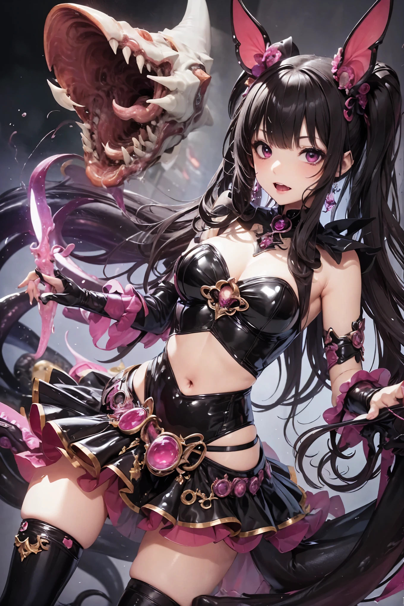 ((best quality)), ((highly detailed)), masterpiece, Succubus-style magical girl. Tentacles growing from her body. Tentacles with a mouth.