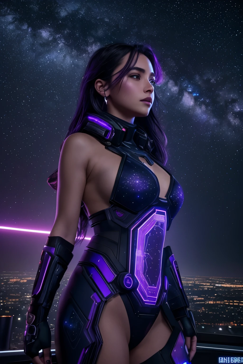 A beautiful girl under a starry night sky, the constellations of the zodiac visible as if they were vibrant nebulae in shades of purple, a vast cosmic expanse surrounding her, in the distant background a cyberpunk city skyline at the bottom of the frame, cinematic lighting, highly detailed, photorealistic, 8k, masterpiece