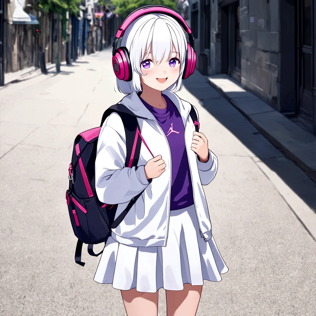 1girl, pink headphone over head, white hair,purple inner, purple eyes, bangs, short hair, front hair clips, left hairclips, white jacket, backpack, medium skirt, white Air jordan, street, sidewalk, smile, departed lips, beautiful, aesthetic, detailed, beautiful color amazing quality, best quality, high quality