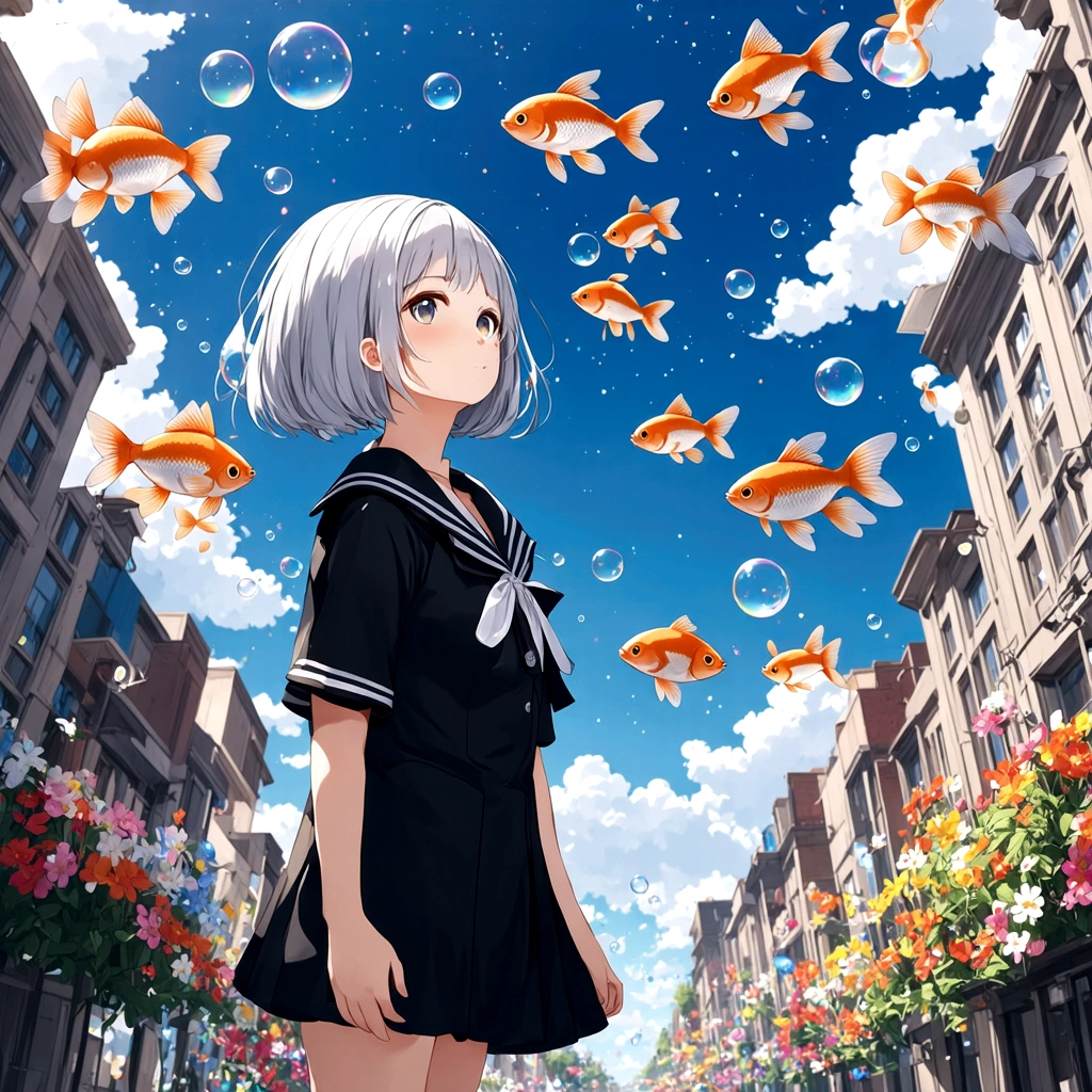 (female\(student, , JK, short hair, silver hair, floating hair, cosmic colored eyes, black color sailor uniform\(of high school\), pale skin, tired face, no shine in the eyes\) is looking up at the sky), (so many goldfish are swimming in the air), beautiful sky, beautiful clouds, summery colorful flowers are blooming here and there, (crystal clear bubbles are shining prism here and there in the sky), the noonday moon and noonday stars in the sky, female is at messy downtown, BREAK ,quality\(8k,wallpaper of extremely detailed CG unit, masterpiece,hight resolution,top-quality,top-quality real texture skin,hyper realisitic,increase the resolution,RAW photos,best qualtiy,highly detailed,the wallpaper,cinematic lighting,ray trace,golden ratio\),(long shot),wide shot,