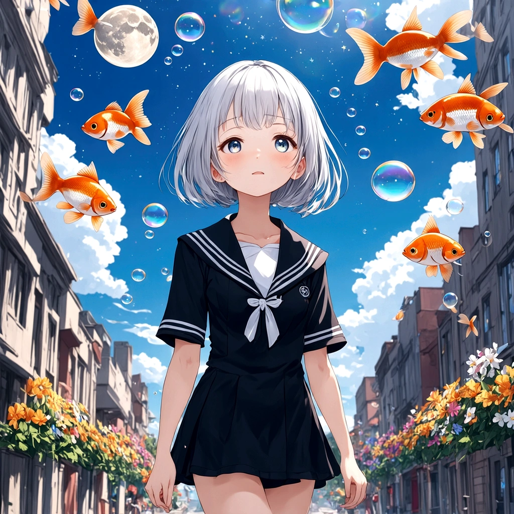 (female\(student, , JK, short hair, silver hair, floating hair, cosmic colored eyes, black color sailor uniform\(of high school\), pale skin, tired face, no shine in the eyes\) is looking up at the sky), (so many goldfish are swimming in the air), beautiful sky, beautiful clouds, summery colorful flowers are blooming here and there, (crystal clear bubbles are shining prism here and there in the sky), the noonday moon and noonday stars in the sky, female is at messy downtown, BREAK ,quality\(8k,wallpaper of extremely detailed CG unit, masterpiece,hight resolution,top-quality,top-quality real texture skin,hyper realisitic,increase the resolution,RAW photos,best qualtiy,highly detailed,the wallpaper,cinematic lighting,ray trace,golden ratio\),(long shot),wide shot,