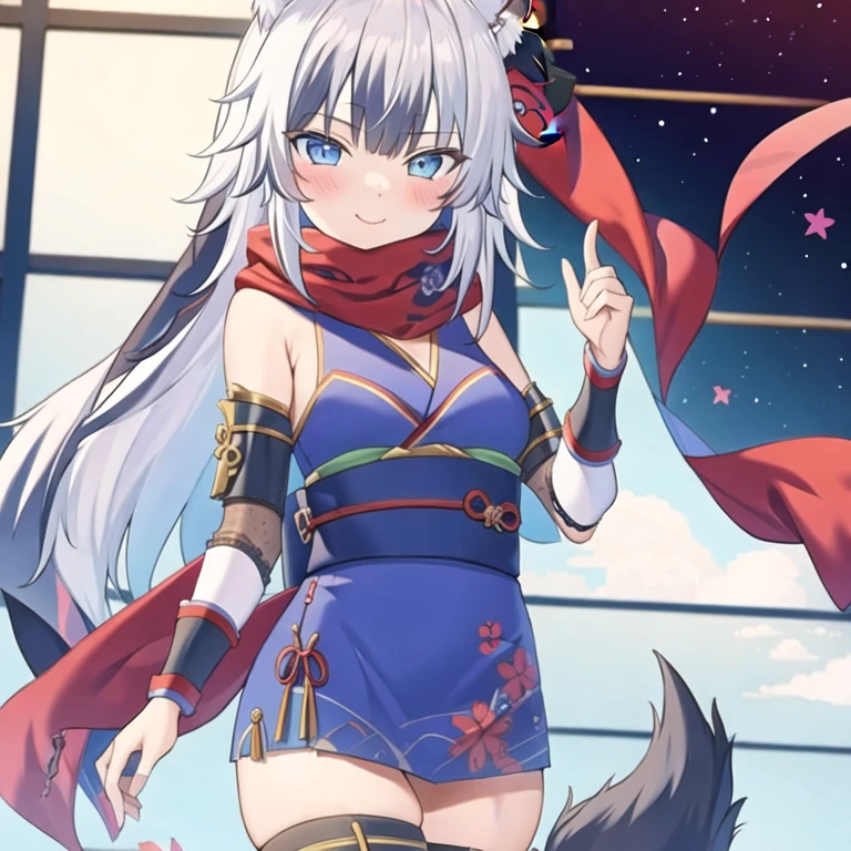 (masterpiece, best quality:1.2), 1girl, solo,Wolf girl, fox mask, ninja, girl, long white hair, odd eyes, blue kimono, ninja girl, red and blue scarf,