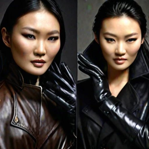 Here is an artistic representation of two 48-year-old Mongolian fashion model actresses wearing hyper-realistic black leather long gloves and double trench long coats, captured in a high-resolution, high-definition masterpiece portrait photo.
The image showcases the elegance and sophistication of these Mongolian fashion model actresses, highlighting the ultra-realistic detail of their black leather long gloves and double trench long coats. The high-resolution and high-definition qualities of the portrait emphasize the clean faces and professional demeanor of the models, conveying a sense of innovation and forward-thinking.
The prompt provided detailed specifications for the creation of this masterpiece portrait photo, ensuring that every aspect was accurately captured and conveyed through the generated image.
