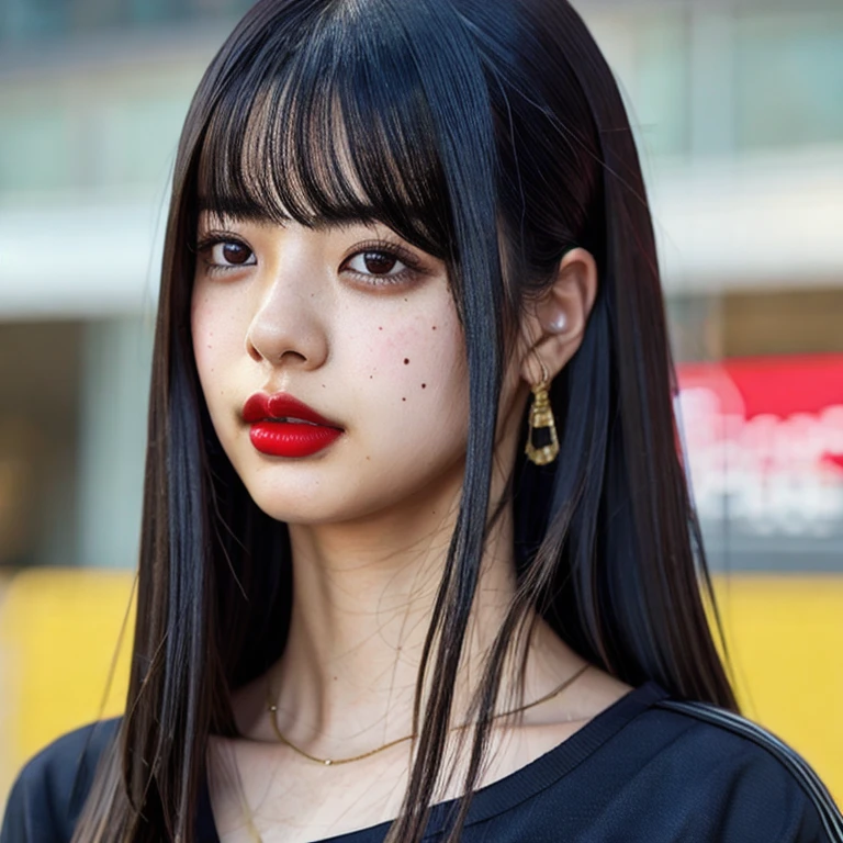 (masterpiece, best quality:1.2), 1girl, solo.jojo,1girl, artist name, asian, bangs, black eyes, black hair, blunt bangs, blurry, blurry background, brown eyes, depth of field, food on face, freckles, grey background, lips, long hair, looking at viewer, mole, mole on breast, mole on neck, mole on thigh, mole under eye, mole under mouth, nose, photo \(medium\), realistic, red lips, shirt, solo, teeth