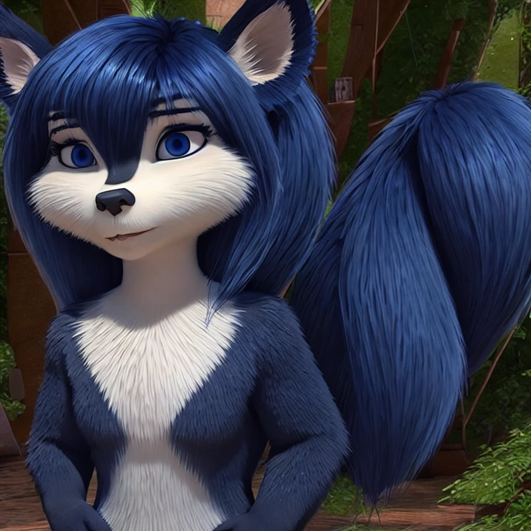 (masterpiece, best quality:1.2), 1girl, solo,anthro, furry, female, wolf, she wolf, Bianca, dark blue fur color, two-tone fur, darker hands and feet,
blue long hair, Black ears, white ear innards, bright blue eyes, white face, brown nose,
dark blue eyelids and eyelashes, fuzzy chest, animal ears, animal tail, bushy tail