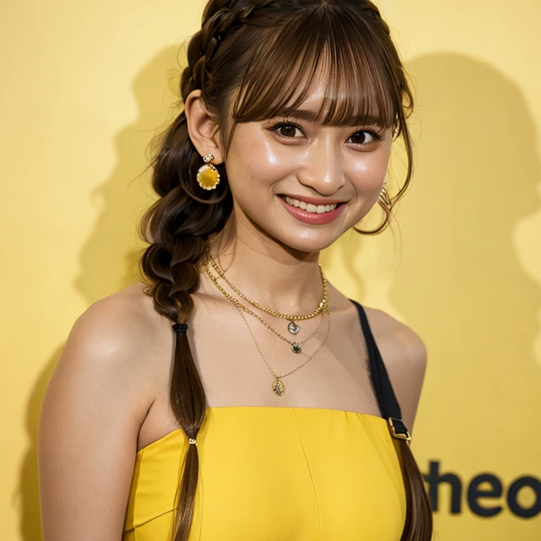 (masterpiece, best quality:1.2), 1girl, solo,nana2,1girl, 3d, artist name, bangs, bare shoulders, blurry, blurry background, blurry foreground, bokeh, braid, breasts, brown eyes, brown hair, closed mouth, depth of field, dress, earrings, hair over shoulder, jewelry, lips, long hair, looking at viewer, motion blur, necklace, photo \(medium\), piercing, realistic, signature, sleeveless, smile, solo, tank top, upper body, yellow background