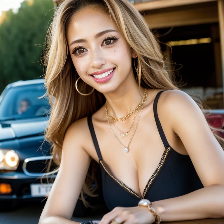 (masterpiece, best quality:1.2), 1girl, solo.galgal,1girl, :d, blonde hair, blurry, blurry background, breasts, brown eyes, building, car, city, cleavage, collarbone, day, depth of field, eyelashes, fangs, fingernails, forehead, freckles, ground vehicle, heart necklace, jewelry, lips, long hair, looking at viewer, mole, motor vehicle, necklace, nose, open mouth, pearl necklace, pendant, photo \(medium\), photo background, portrait, realistic, ring, smile, solo, teeth, upper body