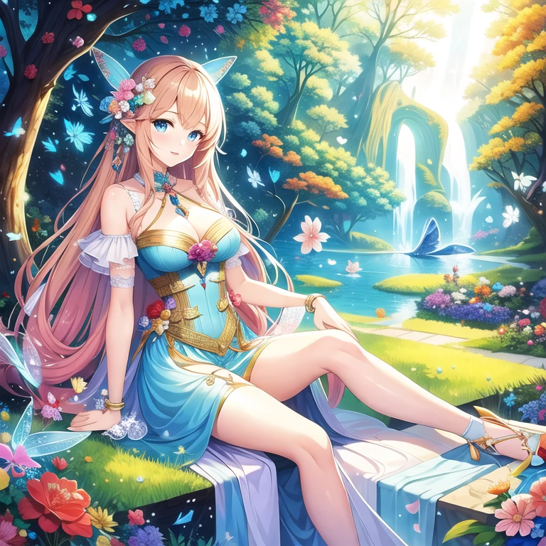 (masterpiece, best quality:1.2), 1girl, solo、 Cutes, light colors hair, blue eyes, Gossamer,illustration, A masterpiece in bright light, stunning art! The art of magic, fairy tale artwork, inspiring art, exquisite artwork high quality、masterpiece、Sparkling fairie、