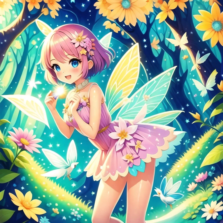 (masterpiece, best quality:1.2), 1girl, solo、 Cutes, light colors hair, blue eyes, Gossamer,illustration, A masterpiece in bright light, stunning art! The art of magic, fairy tale artwork, inspiring art, exquisite artwork high quality、masterpiece、Sparkling fairie、