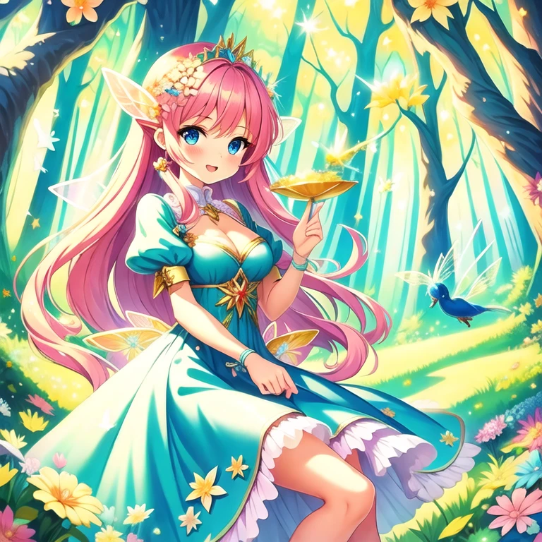 (masterpiece, best quality:1.2), 1girl, solo、 Cutes, light colors hair, blue eyes, Gossamer,illustration, A masterpiece in bright light, stunning art! The art of magic, fairy tale artwork, inspiring art, exquisite artwork high quality、masterpiece、Sparkling fairie、