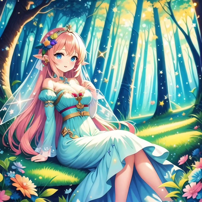 (masterpiece, best quality:1.2), 1girl, solo、 Cutes, light colors hair, blue eyes, Gossamer,illustration, A masterpiece in bright light, stunning art! The art of magic, fairy tale artwork, inspiring art, exquisite artwork high quality、masterpiece、Sparkling fairie、