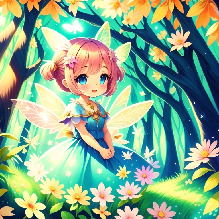 (masterpiece, best quality:1.2), 1girl, solo、 Cutes, light colors hair, blue eyes, Gossamer,illustration, A masterpiece in bright light, stunning art! The art of magic, fairy tale artwork, inspiring art, exquisite artwork high quality、masterpiece、Sparkling fairie、