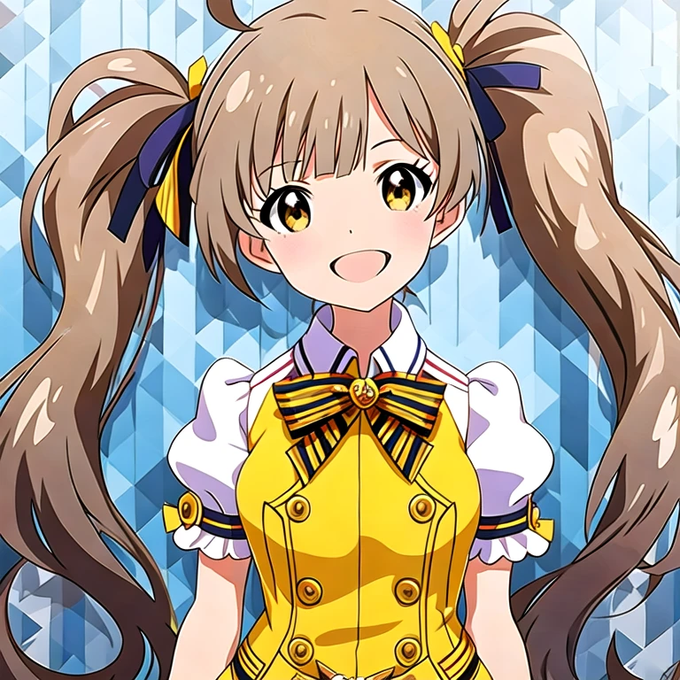 (masterpiece, best quality:1.2), 1girl, solo, ta, like a sister, cute, beautiful girl, twin tails, 1 ahoge, flaxen color hair, straight bangs, (amber color eyes), deep detailed eyes, sparkling eyes, smile, shy, blush