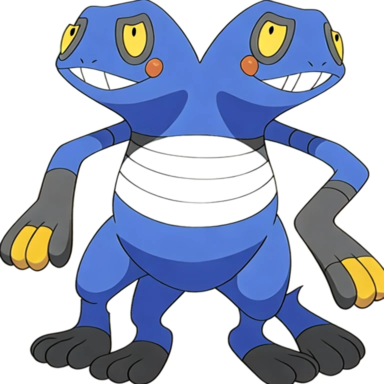 (masterpiece, best quality:1.2),solo,croagunk \(pokemon\),pokemon \(creature\),full body,no humans,frog,clenched teeth,grin,looking at viewer,standing,yellow eyes,happy,bellyband