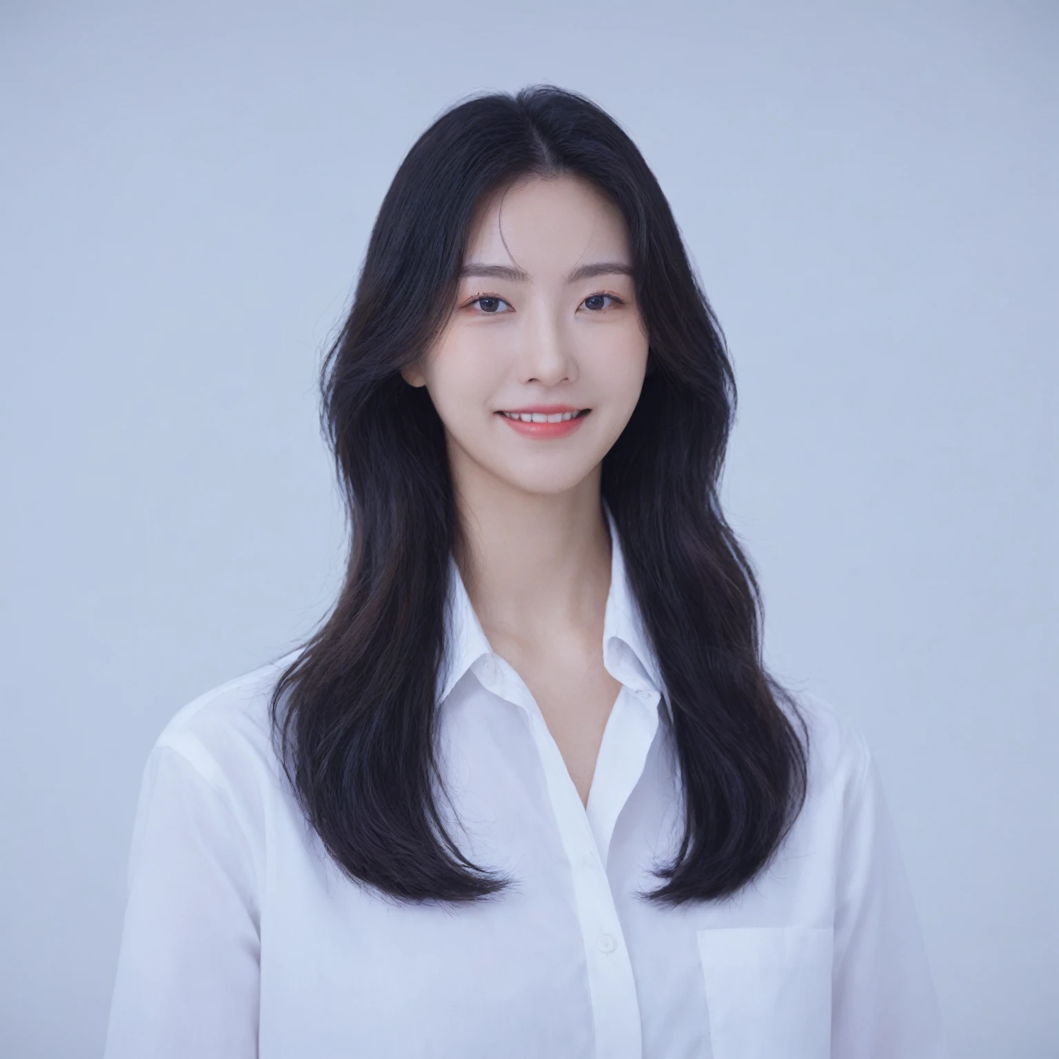 Best Quality, 8k, Masterpiece, (Portrait: 1.3), (photo realistic:1.4), (hyper realistic:1.4), Sharp Focus, looking at viewer, (smoother lighting:1.1), (increase cinematic lighting quality:0.9), realistic lighting, backlighting, light on face, ray trace, (brightening light:1.2), (Increase quality:1.4), sharp detail, (best quality real texture skin:1.4), finely detailed eyes, black_eyes, finely detailed face, 25 year old Korean woman, (white formal_shirt:1.4)