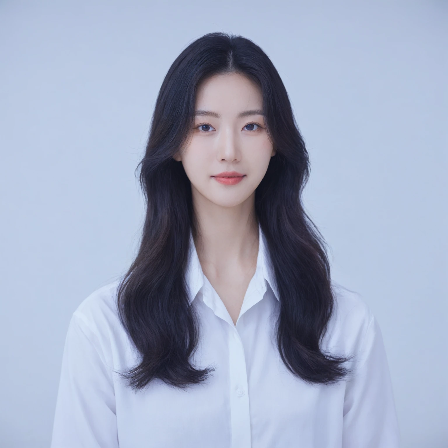 Best Quality, 8k, Masterpiece, (Portrait: 1.3), (photo realistic:1.4), (hyper realistic:1.4), Sharp Focus, looking at viewer, (smoother lighting:1.1), (increase cinematic lighting quality:0.9), realistic lighting, backlighting, light on face, ray trace, (brightening light:1.2), (Increase quality:1.4), sharp detail, (best quality real texture skin:1.4), finely detailed eyes, black_eyes, finely detailed face, 25 year old Korean woman, (white formal_shirt:1.4)