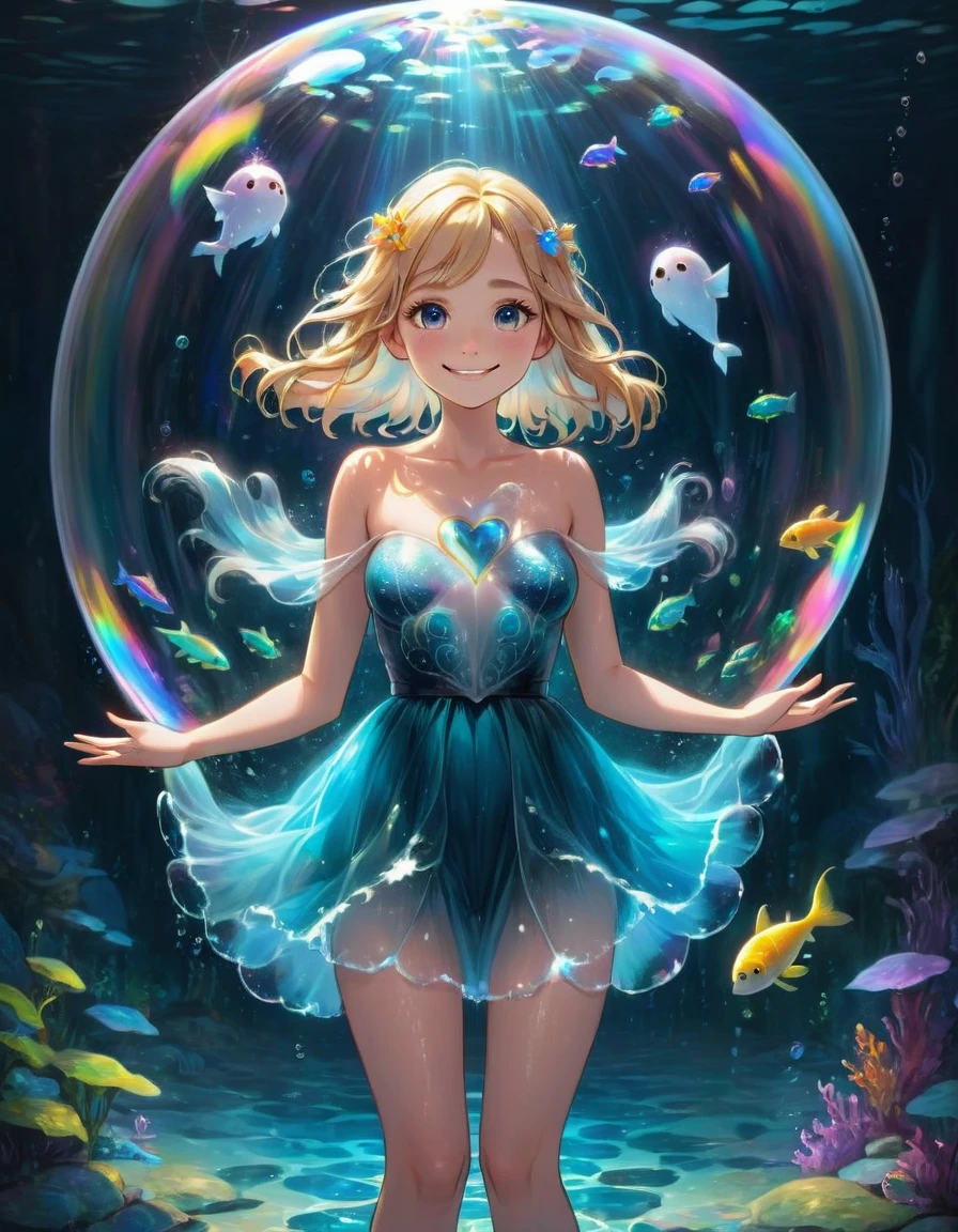 A beautiful Nordic girl with well-designed eyes and face, full body, stands in a huge magical bubble. People in the huge magic bubble are forced not to go topless. She waves with her hands, a transparent glass "big heart" in front of her heart with both hands, showing the afterimage of the moving trajectory. With ghost images, the background is a deep-water underwater waterfall, surrounded by various bioluminescent creatures, surrounded by colorful glowing particles, real life fantasy photo, smiling