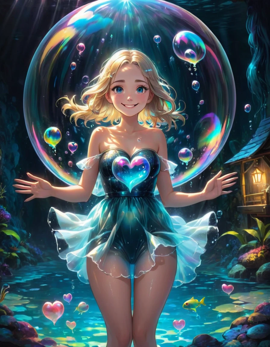 A beautiful Nordic girl with well-designed eyes and face, full body, stands in a huge magical bubble. People in the huge magic bubble are forced not to go topless. She waves with her hands, a transparent glass "big heart" in front of her heart with both hands, showing the afterimage of the moving trajectory. With ghost images, the background is a deep-water underwater waterfall, surrounded by various bioluminescent creatures, surrounded by colorful glowing particles, real life fantasy photo, smiling