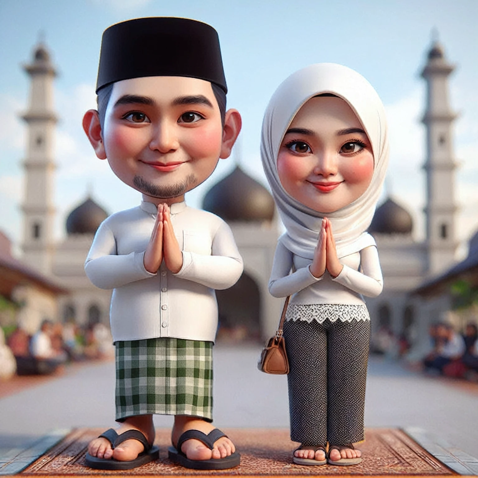 3D karikatur realistis nyata, kepala besar, 2 orang pasangan asal Indonesia,seorang laki laki berwajah Indonesia, berumur 30 tahun, tampan, badan gendut chubby, rambut pendek rapi hitam,mengenakan kemeja motif flanel ,dalaman kaos putih, celana jeans belel, sepatu sneaker,di temani seorang perempuan, berumur 30 tahun, berhijab, badan kurus, pose berdiri sambil bersandar pada sebuah mobil Ertiga,menghadap ke arah depan,, latar belakang mobil Ertiga,karikatur 3D realistis nyata