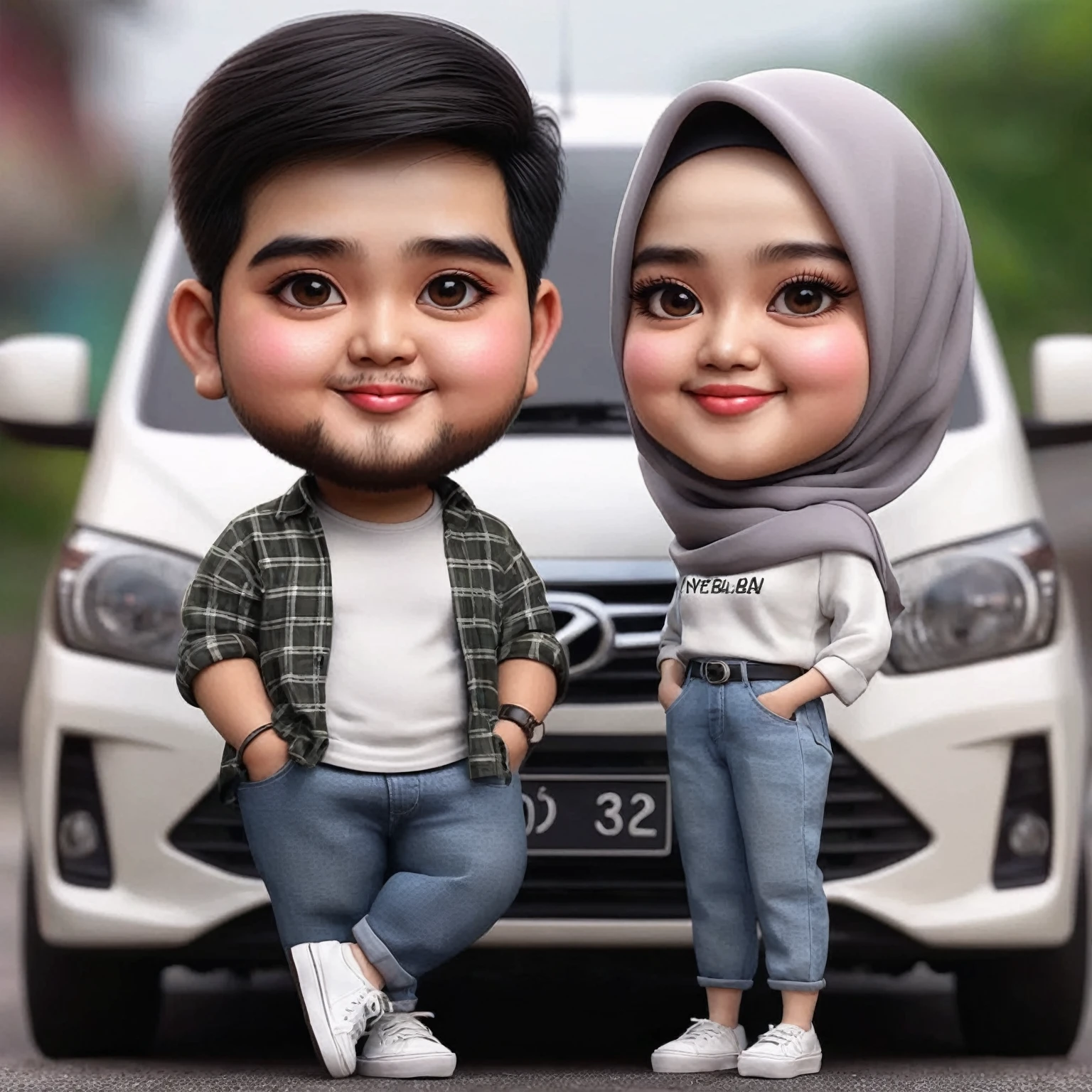 3D karikatur realistis nyata, kepala besar, 2 orang pasangan asal Indonesia,seorang laki laki berwajah Indonesia, berumur 30 tahun, tampan, badan gendut chubby, rambut pendek rapi hitam,mengenakan kemeja motif flanel ,dalaman kaos putih, celana jeans belel, sepatu sneaker,di temani seorang perempuan, berumur 30 tahun, berhijab, badan kurus, pose berdiri sambil bersandar pada sebuah mobil Ertiga,menghadap ke arah depan,, latar belakang mobil Ertiga,karikatur 3D realistis nyata