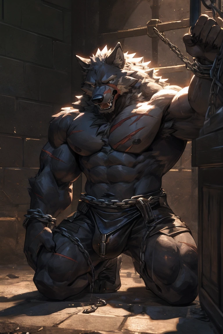 prison,furry,Wolf,Defeated General,Completely naked,The body is entangled in chains,The neck is strangled,Being whipped by the enemy,Scars all over the body,Cutting the body,The sharp iron chain pierced into the body,Nailed to the ground,Crotch bulge,Strong muscles,Extremely painful,struggle,Close your eyes,Open mouth and wail