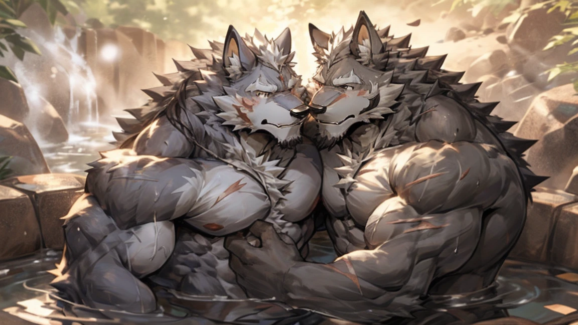 hot spring，furry，two people，（wolf：1.9），long hair，long beard，majesty，Mature，elderly aged，Mature,knight,paladin,numerous wounds，Crotch bulge，Lots of scars，Tall，Bodybuilding，Muscle bulge，sweat，Naked upper body，respite，sexy，（by rabbity）,hugging and rubbing ,putting hands on the chest，kissing，love，homosexual，doing sex，fully naked，warm and kind