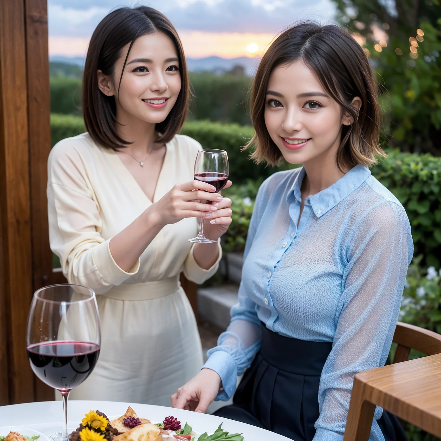 ((Highest quality、8K、masterpiece:1.3))、 (Genuineistic, Genuine、Bright image、Intricate details:1.2), 最高のsmile、Slim Body、1 male 1 female、Beautiful couple、spouse、fiancee、Good friends、actress couple、smile、A full-course dinner with a full table、 (Slim face), (the body is slim), (Brown Hair), (short hair), テーブルのwine glass、Please shine a light on my face、 Amazing view of the sunset sky and clouds、 (42 years old)38 years old, red wine 、Wine bottle、sparkling wine、Long sleeve shirt、Blue Dress、White wine, red wine, wine glass, 
