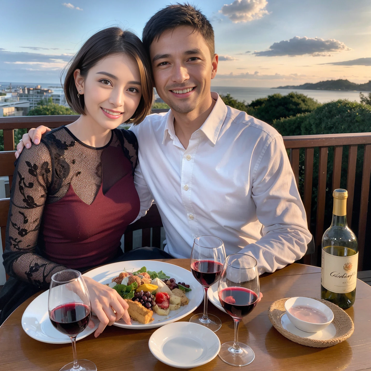 ((Highest quality、8K、masterpiece:1.3))、 (Genuineistic, Genuine、Bright image、Intricate details:1.2), 最高のsmile、1 male 1 female、Beautiful couple、spouse、fiancee、Good friends、actress couple、smile、A full-course dinner with a full table、 (Slim face), (the body is slim), (Brown Hair), (short hair), テーブルのwine glass、Please shine a light on my face、 Amazing view of the sunset sky and clouds、 (42 years old)38 years old, red wine 、Wine bottle、sparkling wine、Long sleeve shirt、Blue Dress、White wine, red wine, wine glass,
