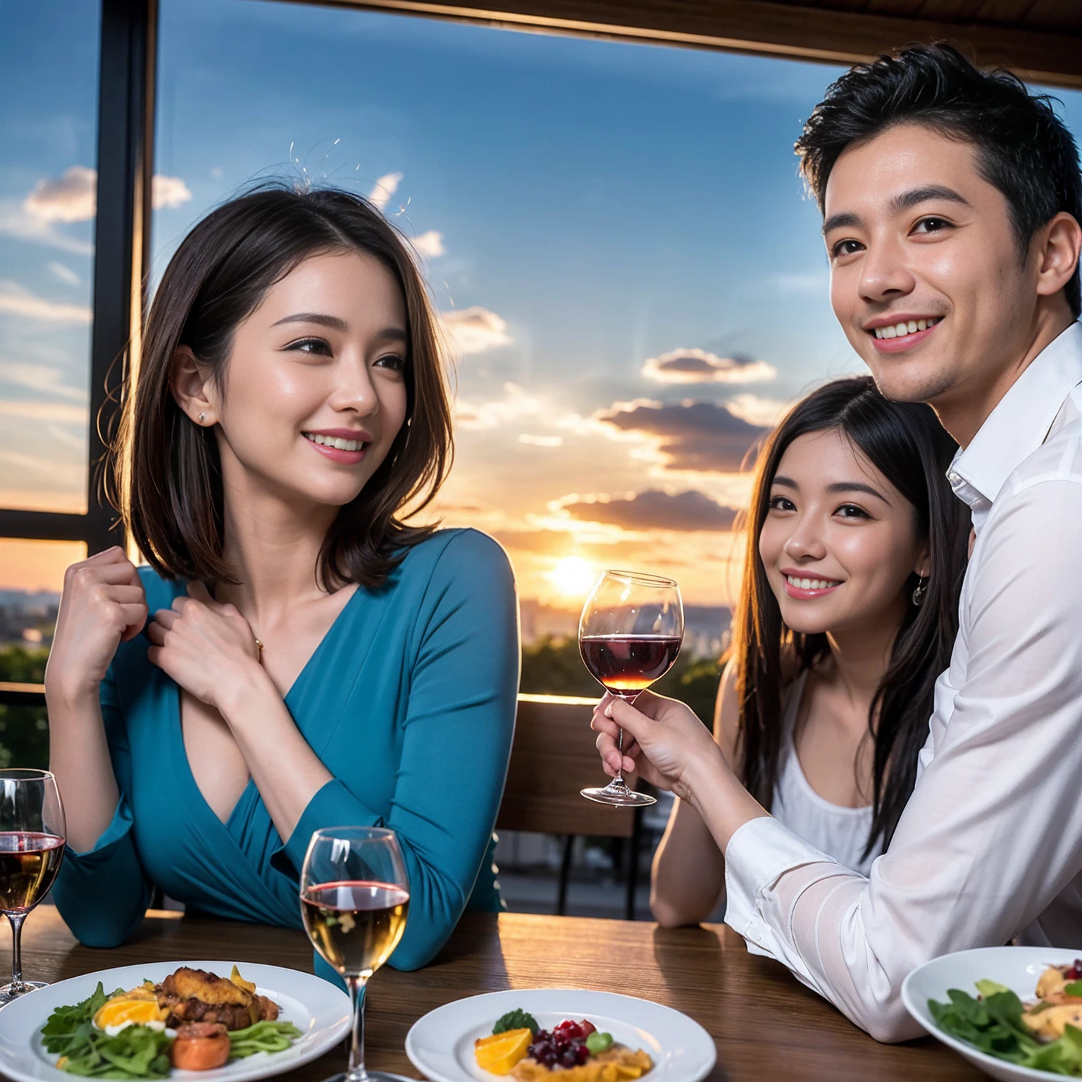 ((Highest quality、8K、masterpiece:1.3))、 (Genuineistic, Genuine、Bright image、Intricate details:1.2), 最高のsmile、1 male 1 female、Beautiful couple、spouse、fiancee、Good friends、actress couple、smile、A full-course dinner with a full table、 (Slim face), (the body is slim), (Brown Hair), (short hair), テーブルのwine glass、Please shine a light on my face、 Amazing view of the sunset sky and clouds、 (42 years old)38 years old, red wine 、Wine bottle、sparkling wine、Long sleeve shirt、Blue Dress、White wine, red wine, wine glass,