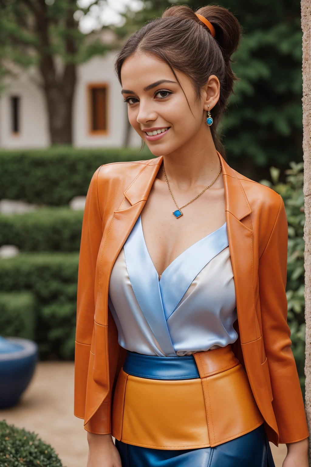 Half-length glamour portrait, nikon D850, f1.6 lens, 200mm, DSLR, 22 Megapixels, (((French-style garden scene))), shot of a stunning 20 years old portuguese girl, (smile:1.4), (wearing Pastel orange leather skirt with Lapis blue silk blouse and matching blazer:1.6), ((seductive pose)), hot girl, (((big natural breasts))), (((brown ponytail hair))), (small girl), symmetrical face, photorealistic, photography, (bright natural lighting), gorgeous, deep cleavage, (masterpiece), best quality, high resolution, extremely detailed, cinematic lighting, (((very narrow waist))), rich colors, hyper realistic, lifelike texture, ((jewelry)), (((She has beautiful hands and wears rings))), (bracelet), (necklace), (ankle chain), (nail polish) (earrings), Fuji Superia 200, 8k